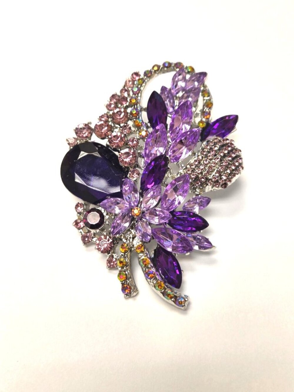 Purple & Pink Rhinestone Floral Brooch Silver Tone